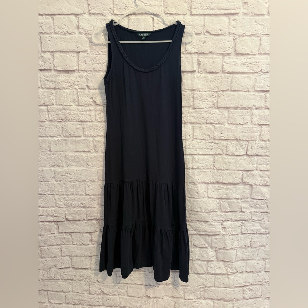 Lauren Ralph Lauren womens medium navy tiered midi dress braided neckline
